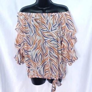 CeCe Stripe Blouse Off The Shoulder Bow Tie Waist Size Small 3/4 Sleeve